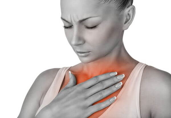 Woman suffers colds. The concept of chest pain