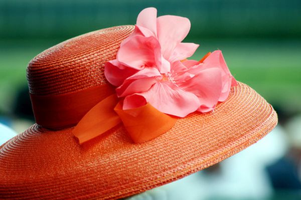 Closeup of orange hat the Kentucky Derby
