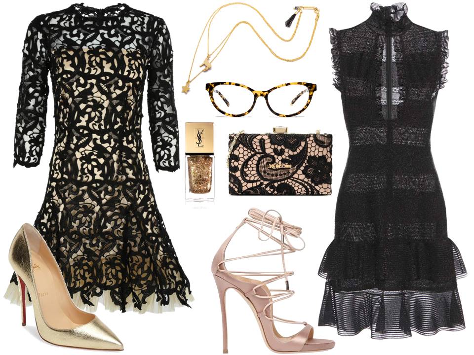  Stylizacja 4. Okulary Muscat, sukienka czarna & złoto PinUps, sukienka czarna Alexander Mcqueen, torebka Moschino, szpilki złote Asos, szpilki beż Dsquared, łańcuszek Animal Kingdom. 