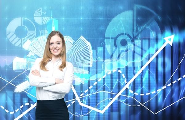 A beautiful business lady with crossed hands is going to provide financial services. Financial charts on the background. A concept of financial consultancy.