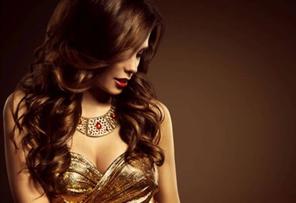 Woman Hairstyle, Beautiful Fashion Model Long Brown Hair Style, Sexy Girl in Elegant Golden Dress