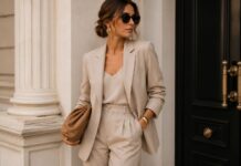 Minimalistyczna stylizacja z beżowym garniturem, białą koszulą i złotą biżuterią w stylu quiet luxury.