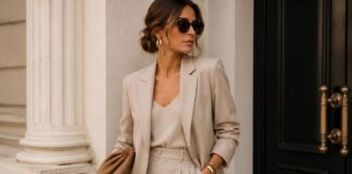 Minimalistyczna stylizacja z beżowym garniturem, białą koszulą i złotą biżuterią w stylu quiet luxury.
