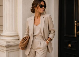 Elegancki minimalizm z nutą złota Minimalistyczna stylizacja z beżowym garniturem, białą koszulą i złotą biżuterią w stylu quiet luxury.