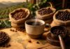 Kawa palona – podróż przez aromaty z różnych stron świata Palone ziarna kawy z różnych stron świata oraz filiżanka aromatycznego naparu na tle plantacji.