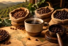 Kawa palona – podróż przez aromaty z różnych stron świata Palone ziarna kawy z różnych stron świata oraz filiżanka aromatycznego naparu na tle plantacji.
