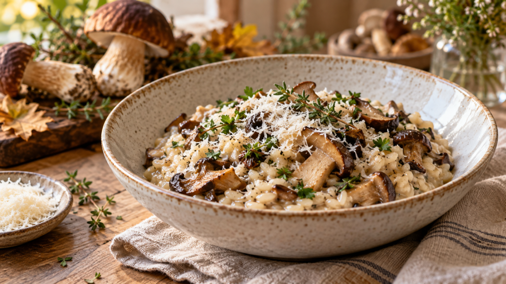 Kremowe risotto z grzybami leśnymi, parmezanem i świeżym tymiankiem.