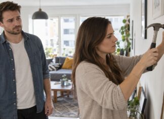 Nie umie zrobić nic w domu? Strategiczna niekompetencja w związku kobieta wbija gwóźdź, a mąż stoi obok i obserwuje.